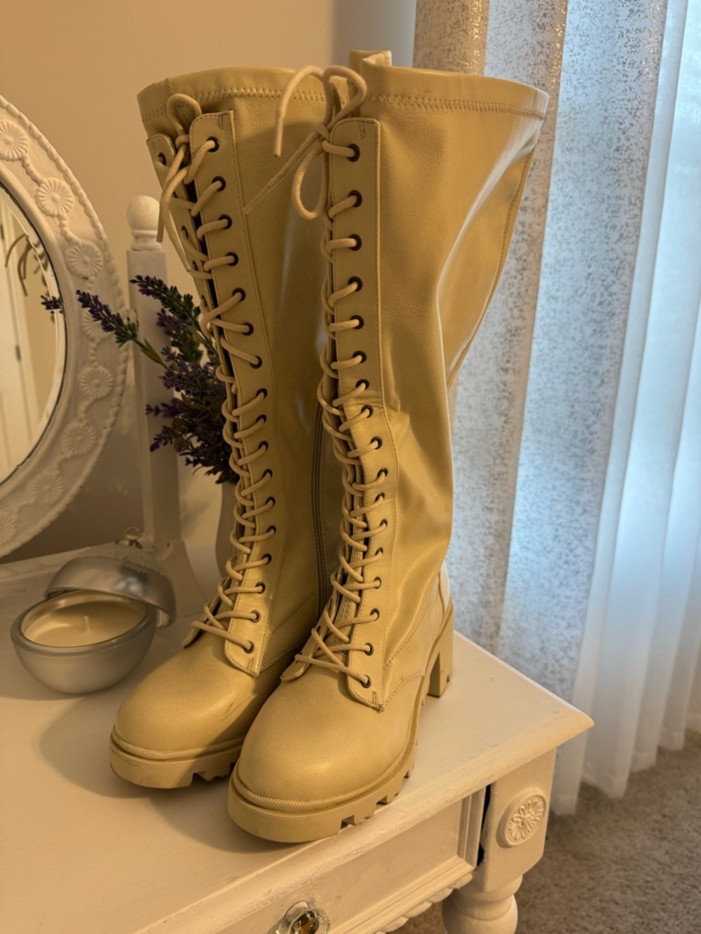 Cream Lace-Up Knee Boots with Plaid Sweater Dress - Picture 3 of 7